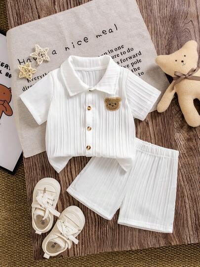 2pcs/Set Baby Boy Summer New Textured Cute Bear Polo Collar Short Sleeve Shirt And Solid Color Shorts Casual Fashion Outfit