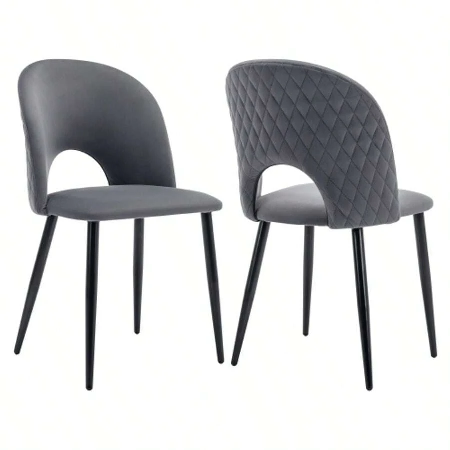 Dining Chair (2 Pcs), Upholstered Designer Chair With Backrest, Velvet Seat, Metal Frame, Adjustable Feet, Diamond Pattern On The Back, Grey - 灰色 - 查看 1