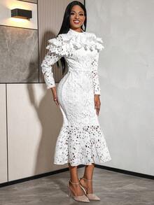Women Elegant White Lace Mermaid Midi Dress With Mock Nock Long Sleeve Perfect For Evening Party Wedding Guest - White - View 9