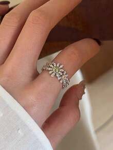 5件套奢华几何心形和花朵设计锆石镶嵌铜戒指套装,适合女士婚礼、节日、派对、搭配晚礼服(不含礼盒) - 銀色 - 查看 3