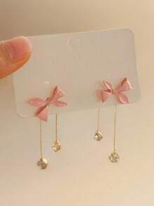 1 Pair Pink Bow Tassel Rhinestone Earrings, Suitable For Sweet Girls, Suitable For Children To Wear - Pink - View 2