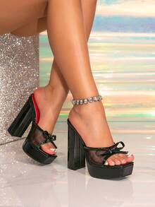 女士高跟透明厚底凉鞋，蝴蝶结装饰，时尚方头设计，适合派对和户外活动穿着。 - 黑色 - 查看 3