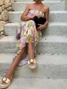 DEEKA Summer New Women's Dress, European & American Style French Fashion Floral Print Off-Shoulder Dress - Multicolor - View 4