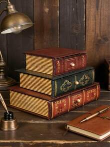 1pc Wooden Storage Box, 3-Tier Book-Shaped Desktop Drawer Storage Box, Retro Painted Wooden Jewelry Box, Photography Prop, Desktop Decor Art Supply - Multicolor - View 6