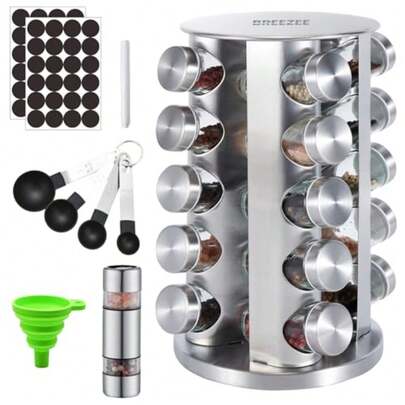 mhjBREEZEE Especiero de Acero Inoxidable Giratorio 360º con 20 Frascos de Vidrio para Especias y Condimentos de Cocina Incluye Molino Doble Embudo Cucharas Medidoras Organizador de Alacena GabineteSleeping Bags