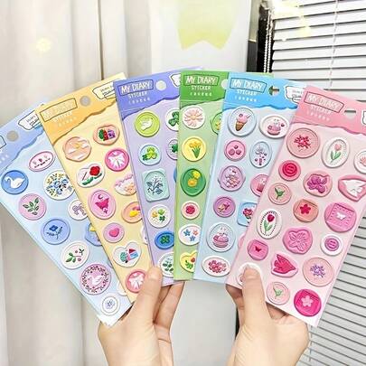 [Kawaii Söt Flicka Estetik] Macaron Färg 3D Puffiga Texturerade Klistermärken - Söt Flicka-Tema Dekorativa Klistermärkespaket med Blom- och Efterrättsdesigner, Mjuka Upphöjda Självhäftande Klistermärken, Restfria Avtagbara, Hållbara Vattentäta & Färgäkta, Blandade Pastellfärger | Idealisk För Bullet Journal-Dekorationer