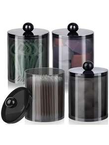 10oz Transparent Plastic Organizer Jars Set, Suitable For Storing Cleaning Swabs, Round Pads, Dental Floss - Clear Plastic Containers For Bathroom, Vanity, Makeup Storage, Black - Black - View 7