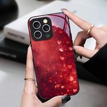 Funda de Teléfono de Vidrio Negro Versátil y Duradera de Alta Gama Adecuada para iPhone 17 17air 16e 16 15 14 13 12 11 5G Plus Pro ProMax Patrón de Corazón Serie Acuarela Roja Romántica - Colores mixtos - Ver 4