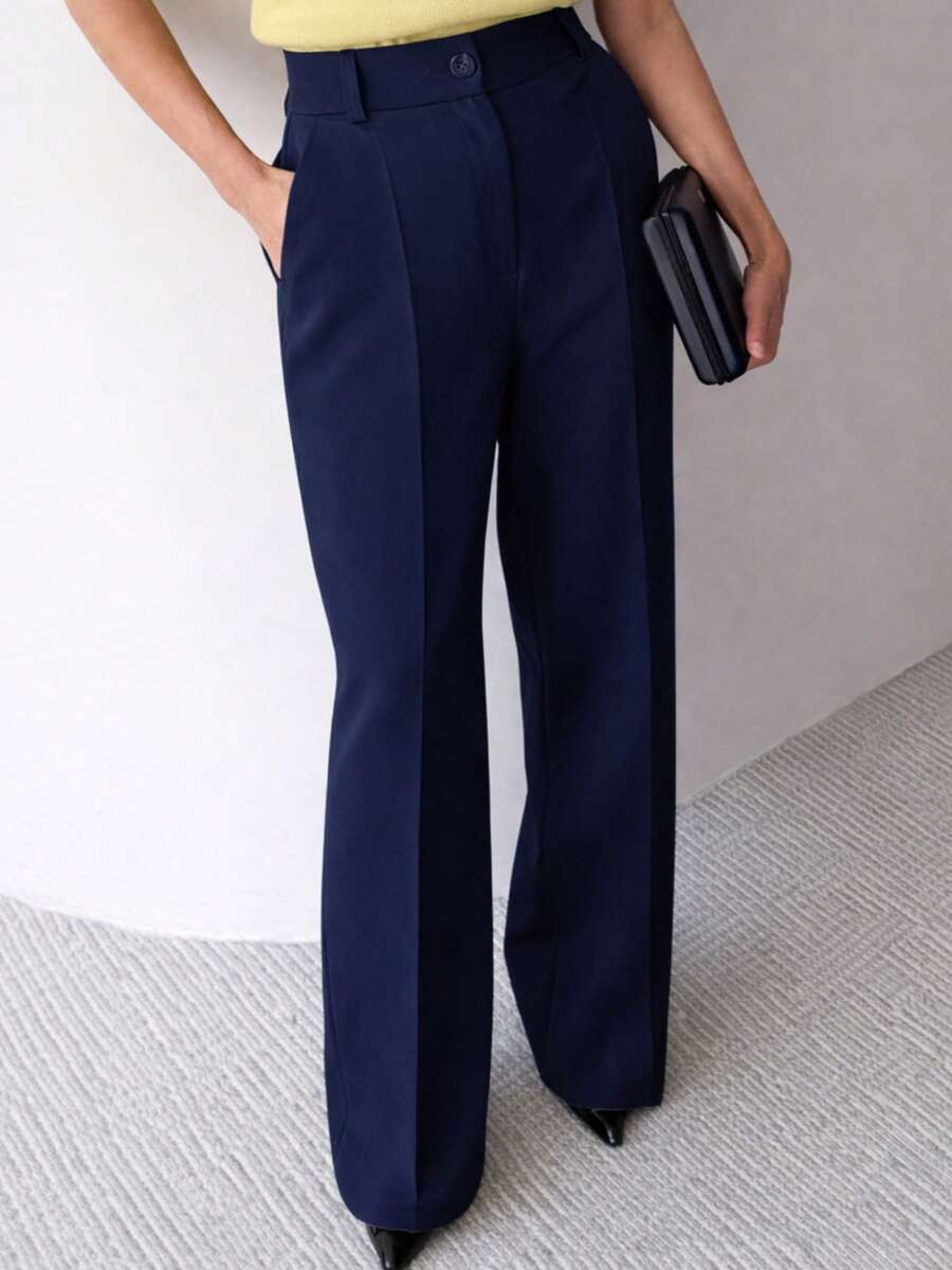 Women's Tailored Wide-Leg Trousers With Functional Pockets, Elegant, Premium Fabric, Navy Blue - 藏蓝色 - 查看 1