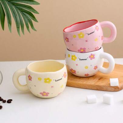 1pc 9.5oz Creative Gift Ceramic Cup, Personalized Oatmeal Breakfast Mug, Asymmetrical Floral Coffee/Tea Cup, Suitable For Coffee, Milk, Juice, Ideal For Home, Restaurant, Cafe, Perfect Gift For Friends And Colleagues
