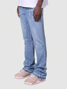 Nueva moda jeans slim stretch hombres jeans denim pantalones rectos europa y Estados Unidos street fashion  blast stretch bordado denim straight - Celeste - Ver 2