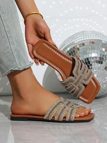 Plus Size Women's Luxury Inspired Chain Cutout Open Toe Minimalist Rhinestone Embellished Slide Sandals - Comfortable Versatile Brown Olive Color Beach Slippers - Brown - View 1