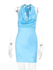 A Drop Print Summer Dress With A Swing Neck Design, Party Dress, For Cocktail - Blue - View 2