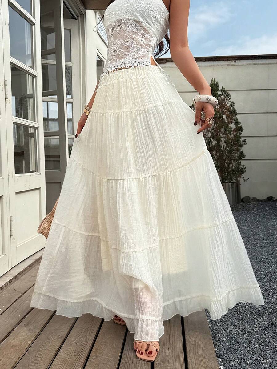EARO Chic Chân váy xếp tầng nhiều lớp màu trắng phong cách Bohemian mùa hè dành cho nữ, cạp cao với dây ren, kiểu dáng thướt tha và tôn dáng. - Màu be - Xem 1