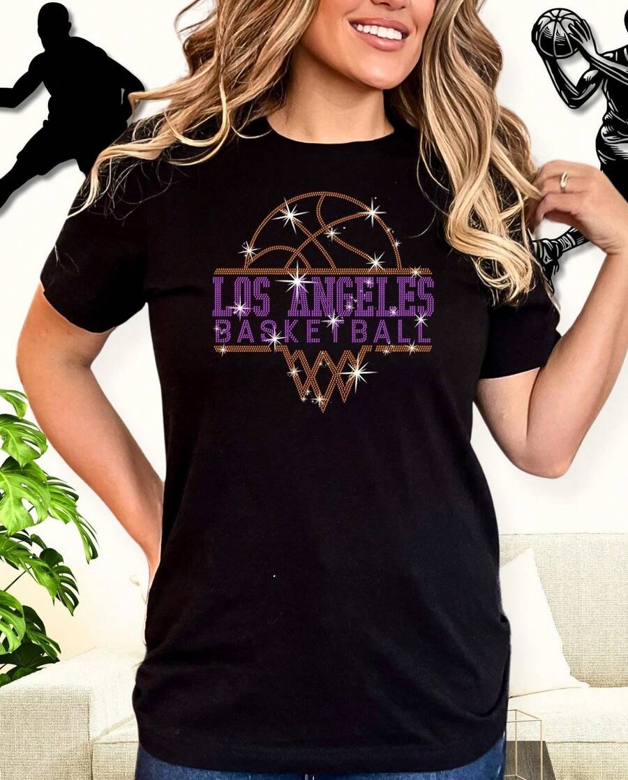 Los Angeles Basketball Team Rhinestone Shirt Womens Basketball Game Day Bling Tee - 黑色 - 查看 1