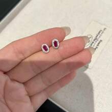 1 Pair Micro-Inlaid Fully Paved Ruby Stud Earrings, Delicate & Exquisite, Luxurious & Elegant Earrings For Women - Multicolor - View 6