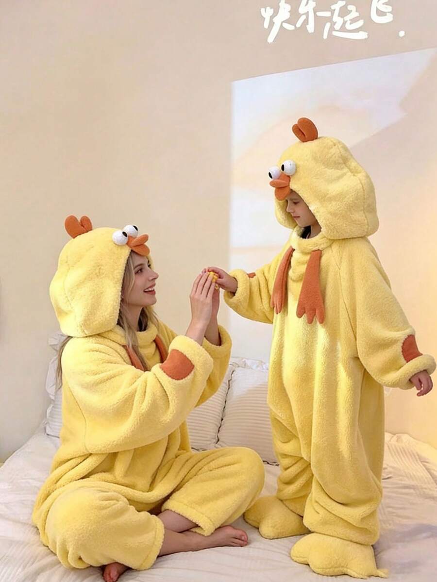Winter Women's Chick One-Piece Hooded Velvet Bathrobe Pajamas Home Clothes, Warm Velvet Coral Fleece, Funny Cartoon Animal One-Piece Pajamas, Soft Polyester Fiber, Simple Pajamas, Comfortable To Wear, Breathable Fabric, Suitable For Winter, Warm, Halloween Gifts, Theme Parties, Pajama Parties Bathroom Decor - Yellow - View 1