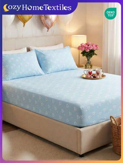 2/3pcs Valentine's Day Themed Bedding Set (Excluding Inner Core), Sweet Girly Style Bedroom Decor, Valentine's Heart Mattress Cover, Bed Sheet, Breathable Anti-Pilling Mattress Protector, Bed Skirt, Suitable For Double/Queen/King Size Bed, Machine Washable, Home Decor, Bedroom Decor, Valentine's Day, Blue, OEKO-TEX Certified