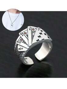 Anillo de estilo occidental punk ajustable con diseño de naipe, adecuado para que los hombres lo usen en cualquier ocasión - Plata antigua - Ver 8