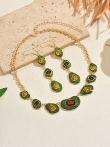 1 Set Of 2pcs Fashionable Classic Bohemian Style Geometric Multi-Color Enamel Inlaid Brown Faux Gemstone Necklace And Earrings Jewelry Set, Suitable For Women's Daily Commute, Social Gatherings, Vacation, Party, Versatile Accessory - Set - View 7