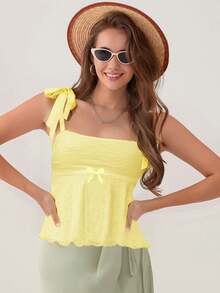 Women's Tie Shoulder Camisole Sleeveless Jacquard Mini Bow Slim Fit Summer Tank Tops - Amarillo claro - Ver 3