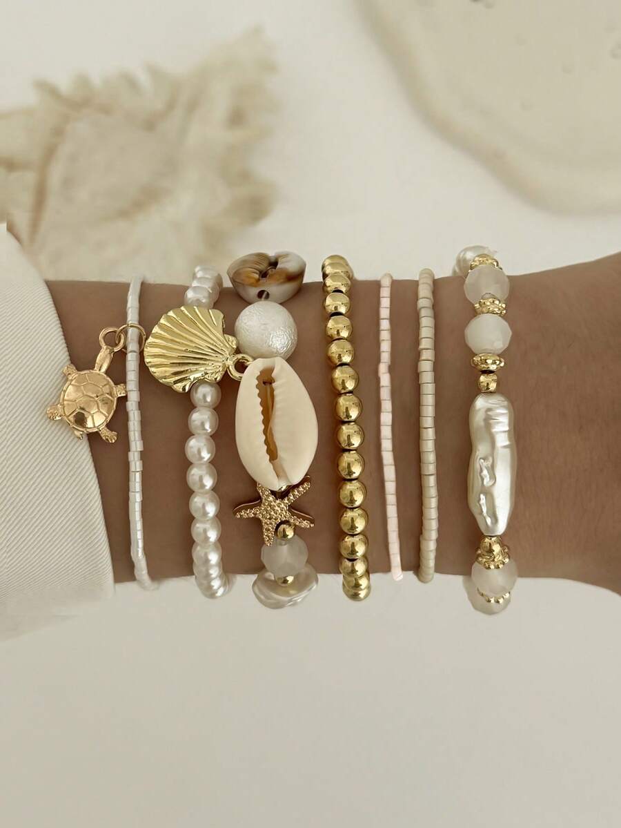 7件套时尚贝壳、珍珠和海星串珠叠戴手链套装，波西米亚风可叠戴设计，适合女性，海滩度假休闲佩戴，沙滩饰品礼品 - 彩色 - 查看 1