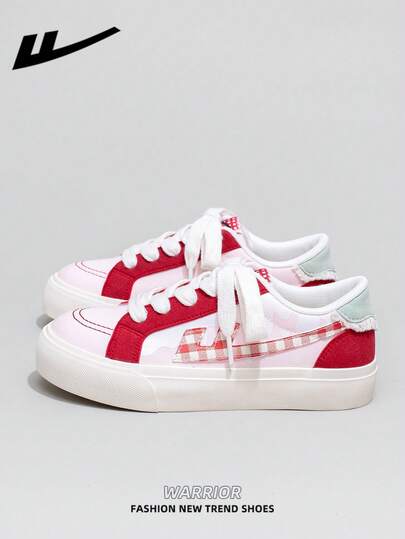  1 Pair WARRIOR Women's Thick Sole Lace-Up Soft Bottom Casual Shoes, Low-Top Outdoor Flat Shoes, Round Toe Low Heel Non-Slip Solid Color Elegant Soft Bottom Hiking Shoes, Suitable For Students, Graduation Photos, Flat Shoes, Low-Top Leather Sports Skateboard Shoes