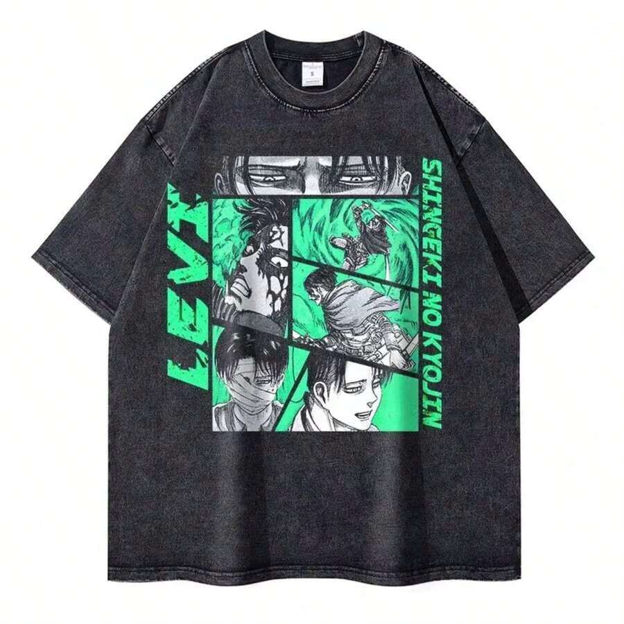 1Pcs,2026,Eren Jaeger 2D T-Shirts Vintage Washed Anime T-Titan A-Attack T Shirt Manga Shingeki No Kyojin Mikasa Short Sleeve Tops - Black-2 - 查看 1