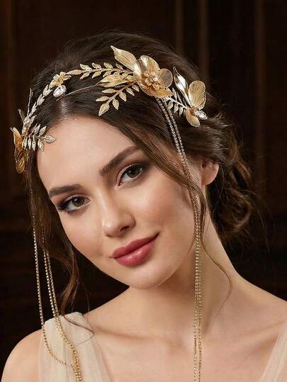 1pc Luxurious Gold Leaf Decor Alloy Bridal Headband With Rhinestone Chain Tassel Crown, Suitable For Wedding, Party, Luxury Holiday Gift, Stage Performance Valentine's Day Accessories
