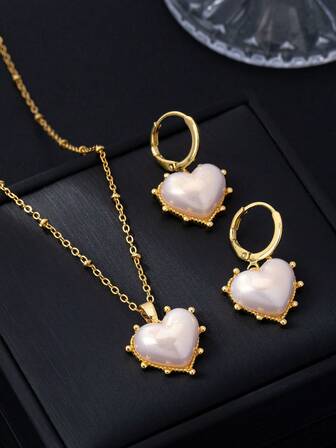 Set de 3 piezas de collar y aretes de joyería de lujo, accesorios con perlas con forma de corazón brillante, joyería de mujer de alta gama y moda, adecuada para uso diario, excelente para regalos del Día de San Valentín, Día de la Madre y Acción de Gracias