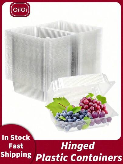50/100Pcs, Disposable Solid Plastic Hinge Food Containers With Transparent Lids, Flip-Top Dessert Boxes For Bread, Packing Box, Fruit Box, Takeaway Box, Delivery Box, Suitable For Cake Slices, Fruit, Salads, Pastries, Burgers, Snack, And Sandwiches, Kitchen Accessories