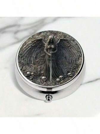 1 pieza Caja portátil de 3 compartimentos con diseño de ángel gótico y calavera - Plástico/Metal, estuche compacto para medicamentos y suplementos diarios, organizador de pastillas conveniente, acabado metálico