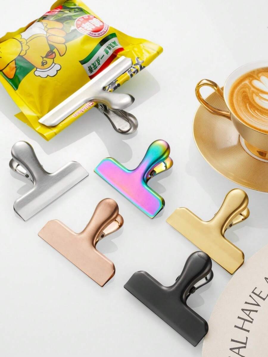 1pc Luxury Gold Seal Clip, Stainless Steel Clip, Suitable For Food, Bills, Office Documents, Stationery, Back To School Supplies - Gold - View 1