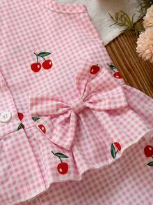 2pcs Baby Girls' Sweet Cute Fashion Street Style Pink Plaid Cherry Print Camisole Top With Bow Decor Matched With Same Color Plaid Shorts Set, Suitable For School And Street Wear - Pink - View 7