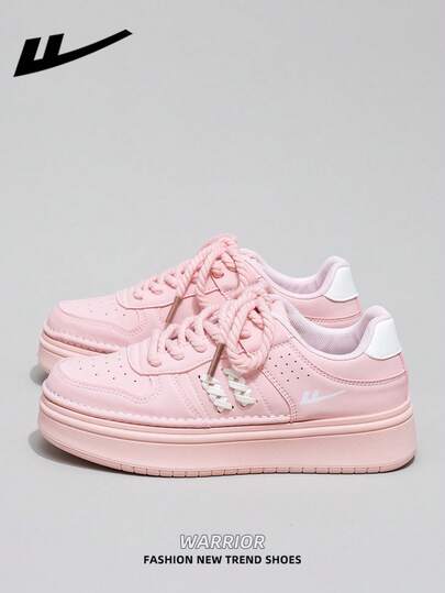  1双 WARRIOR 女士厚底系带软底休闲鞋，低帮户外平底鞋，圆头低跟防滑纯色优雅软底徒步鞋，适合学生、毕业照、平底鞋、低帮皮质运动滑板鞋