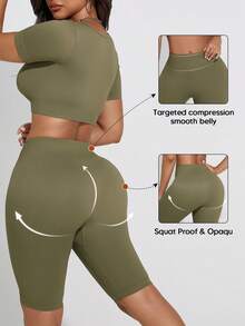 两件套女士罗纹运动套装，方领上衣搭配高腰短裤，休闲运动装 - 綠色 - 查看 3