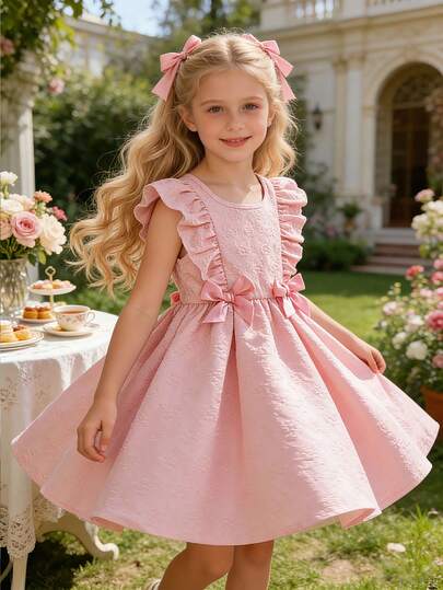 女童夏季粉色提花连衣裙，荷叶边袖，蝴蝶结装饰，公主风泡泡裙，儿童欧式宫廷礼服，宝宝生日派对正式礼服，透气质感面料