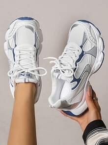 1双女士厚底厚底运动鞋，四季皆宜，平底网面圆头百搭复古蓝色休闲鞋，户外系带时尚运动鞋 - 藍色 - 查看 1