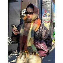 1pc Leopard Print Autumn/Winter Fashion Striped Plaid Fleece Warm Women Boucle Deep Brown Wool Thick Scarf, Warm Acrylic Scarf Like Cashmere, Bohemian Casual Windproof Couple Shawl, Comfortable Blanket Scarf, Suitable For Daily Wear For Dress - 彩色 - 查看 5