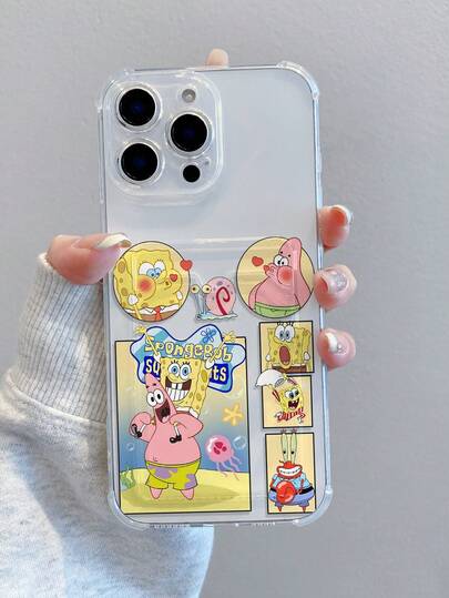  1pc Cute & Fun Transparent Card Holder Case With Spongebob, Heart, Letter, Snail Patchwork Colorful Pattern, Shockproof Phone Case Compatible With IPhone 11/12/12 Pro Max/14 Pro Max/15/15 Pro/16/16 Pro Max