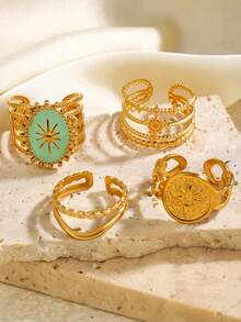 4件套奢华优雅复古18K镀金不锈钢几何圆形珠线戒指套装，适合女性日常、节日、晚宴、情侣约会、假日佩戴，百搭戒指套装 - 彩色 - 查看 8