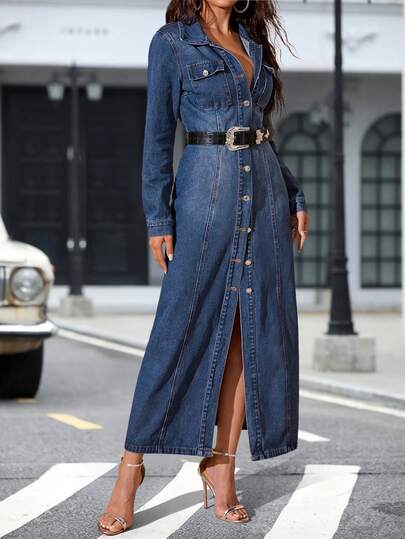 Spring/Summer Casual Versatile Fashion Denim Dress, Suitable For Casual, School, Vacation, Daily, Street, Travel, Airport Wear