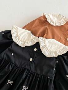 1pc Girls Black Collar Bow Embroidered Casual Dress, Fashion For Young Girl, Spring - Black - View 5