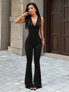 Women V-Neck Lace Trim Jumpsuit, Commuter Outfit, Summer