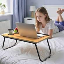 Height-Adjustable Folding Laptop Bed Table With Tablet Slot And Cup Holder, 57x33x28cm, Walnut/Black