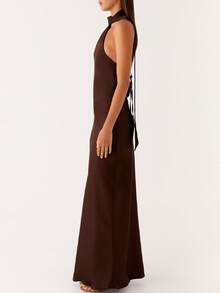 Women Scarf Maxi Dress Silk Halter Neck Tie Up Backless Bodycon Dress Cowl Back Draped Party Wedding Guest Cocktail Dresses With Neck Scarf - 棕色 - 查看 5