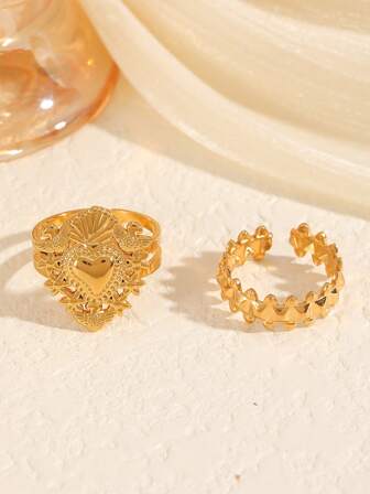 Set de 2 anillos de acero inoxidable dorado exagerado con corazón y espina, adecuado para uso diario, ir al trabajo, regalo para el Día de San Valentín, resistente a la decoloración, se pueden usar por separado