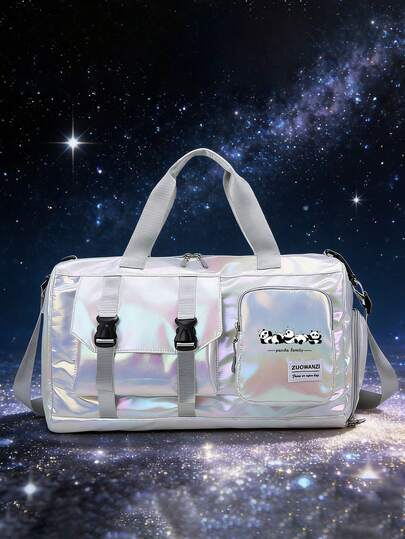 Faux Pearl Glossy Swimming Bag, Girl's Large Capacity Travel Bag With Panda Family Print Design, Large Capacity Sports And Fitness Bag, Yoga Bag, Outdoor Sports Storage Bag, Adjustable Shoulder Strap Travel Bag, Suitable For Weekend Travel Bag/Gym/Gift Bag, Showing Personalized When For Fun