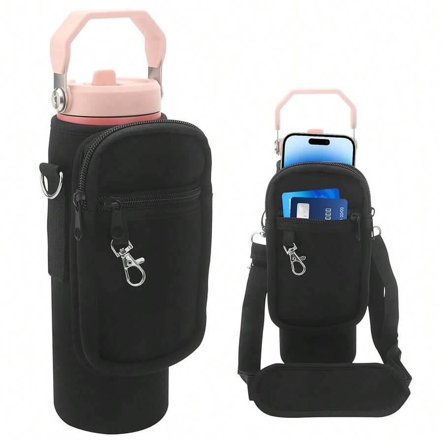 For  Iceflow Flip Straw Tumbler 24oz, Water Bottle Cup Holder Cover Carrier Sling Bag With Strap, Pouch Pocket For Phone/Accessories, Add Handle For  Flip Straw, Neoprene - 黑色-24盎司 - 查看 1