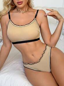 Conjunto de lencería inalámbrica de tono de piel para mujer, conjunto de sujetador y pantie cómodo con ribete de volantes sólido acanalado y sexy - Albaricoque - Ver 5